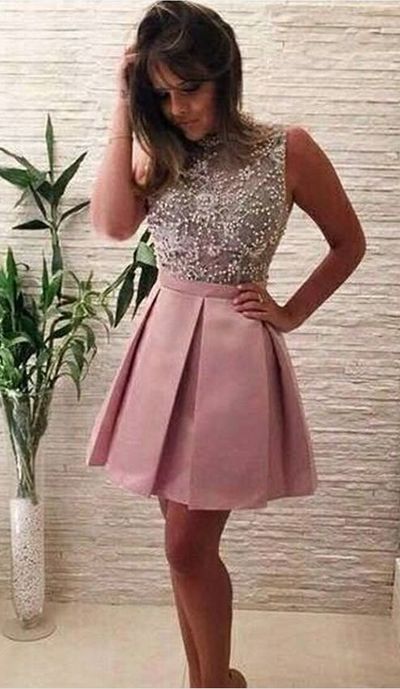 Pink Homecoming Dress Charming O-neck A-line Short Lace Pearls Prom Party Birthday Dresses HD12