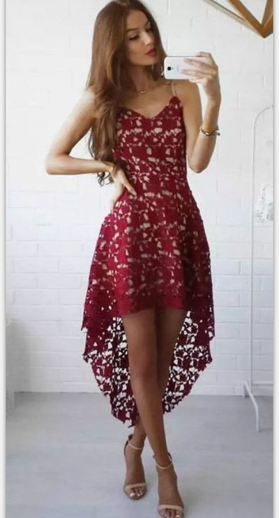 High Low Homecoming Dress Sexy Spaghetti Straps Burgundy Lace Prom Party Women Dress HD13