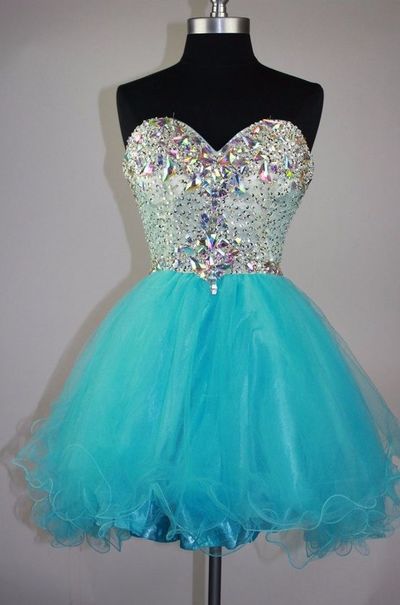 Blue Homecoming Dress Sparkly Sweetheart A-line Short Beaded Rhinestones Crystal Homecoming Dresses HD14