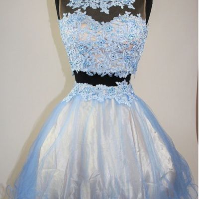 Two piece homecoming dress simple a-line o-neck short lace appliques beaded prom party women birthday dress hd15