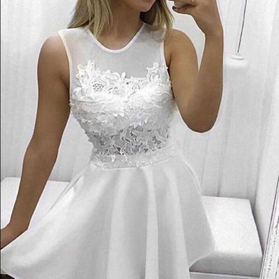 White homecoming dresses cheap o-neck a-line short lace satin party birthday dress hd16