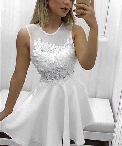 White Homecoming Dresses Cheap O-neck A-line Short Lace Satin Party Birthday Dress HD16