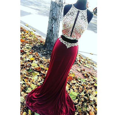 Burgundy prom dress, two pieces prom dress, sexy prom dress, mermaid prom dress, open back prom dress, PD15354