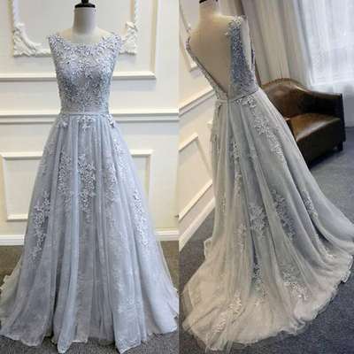 Long prom dress, lace tulle prom dress, v back prom dress, elegant long prom dress, blue grey prom dress, evening dress, pd15333