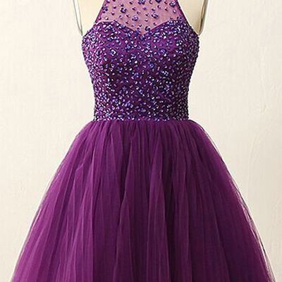 Purple homecoming dress sexy halter backless short beaded crystal sequins prom party dress hd18