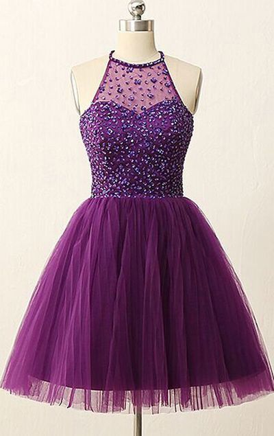 Purple Homecoming Dress Sexy Halter Backless Short Beaded Crystal Sequins Prom Party Dress HD18