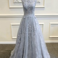Long prom dress, lace tulle prom dress, v back prom dress, elegant long prom dress, blue grey prom dress, evening dress, PD15333 - Thumbnail 1