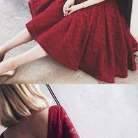Red homecoming dress, lace homecoming dress, half sleeves homecoming dress, short homecoming dress, pretty homecoming dress, PD15304 - Thumbnail 1