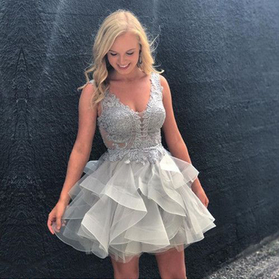 Silver homecoming dress, lovely homecoming dress, lace homecoming dress, short homecoming dress, cockital dress, junior dress, PD15301