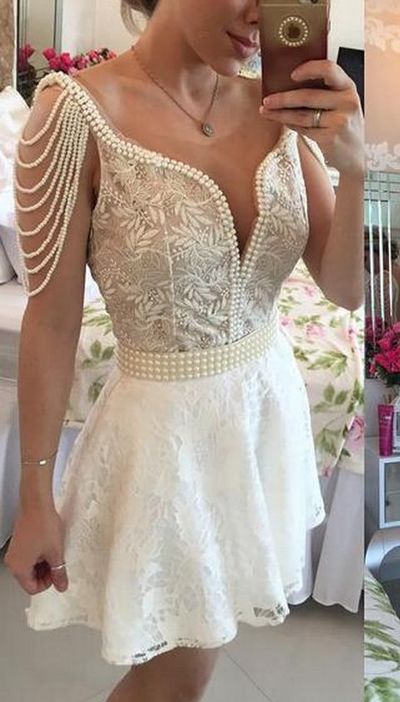 Fashion O-neck Knee Length Short Lace Pearls Homecoming Prom Party Dresses HD20