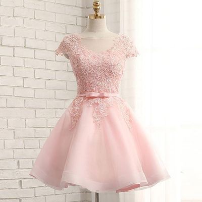 Cap sleeve homecoming dress, pink homecoming dress, lace homecoming dress, lovely homecoming dress, graduation dress, party dress, PD15135