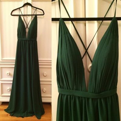 Long prom dresses, cheap prom dresses, dark green prom dress, deep v neck prom dress, open back prom dress, chiffon prom dress, pd15450
