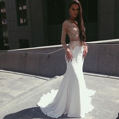 Long sleeves prom dress, white prom dress, mermaid prom dress, sexy prom dress, long prom dress, evening dress, pd15380