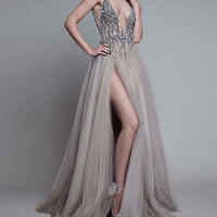 Sexy prom dress, v neck prom dress, beaded prom dress, side split prom dress, grey tulle prom dress, sparkly prom dress, evening dress, PD15163 - Thumbnail 1