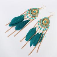  Handmade Feather Beaded Earring Vintage Bohemian Dangle Earrings for Women Girls Long Earring - Thumbnail 2