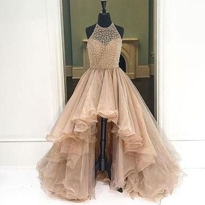 Long prom dress, champagne prom dress, high low prom dress, charming prom dress, beaded prom dress, evening party dress, pd15427