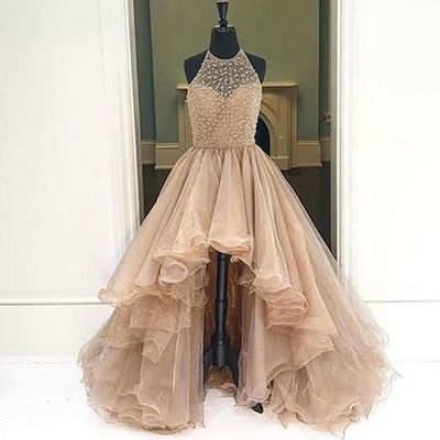 Long prom dress, champagne prom dress, high low prom dress, charming prom dress, beaded prom dress, evening party dress, PD15427
