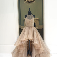 Long prom dress, champagne prom dress, high low prom dress, charming prom dress, beaded prom dress, evening party dress, PD15427 - Thumbnail 1