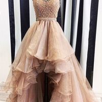 Long prom dress, champagne prom dress, high low prom dress, charming prom dress, beaded prom dress, evening party dress, PD15427 - Thumbnail 2