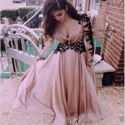 Long prom dress, lace prom dress, dusty pink prom dress, long sleeve prom dress, chiffon prom dress, popular prom dress, custom prom dress, pd15080