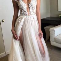 Long prom dress, ivory prom dress, seen through deep v neck prom dress, sexy prom dress, short sleeves prom dress, evening dress, PD15347 - Thumbnail 1