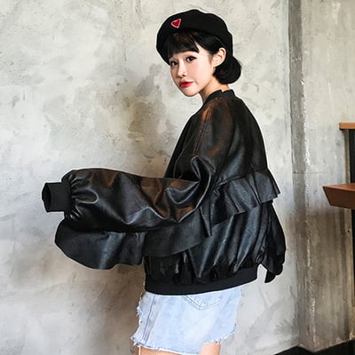 Ruffle PU leather biker jacket