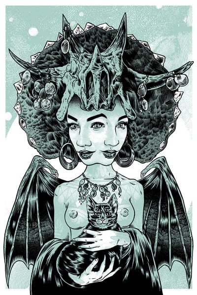 Blue headress girl with cat