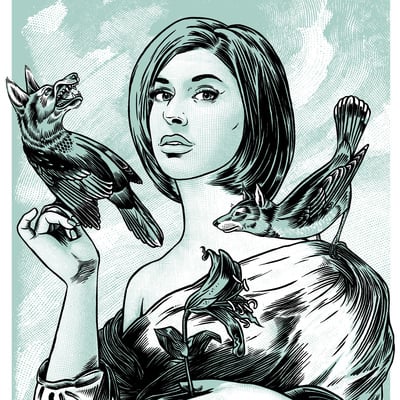 Blue girl with wolf birds
