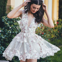 Sexy V-neck Mini Short Lace Appliques Flowers Beaded Homecoming Dress HD22 - Thumbnail 2