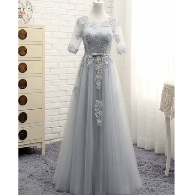 Long prom dress, half sleeve prom dress, lace up back prom dress, silver/grey prom dress, formal prom dress, occasion dress, PD15197