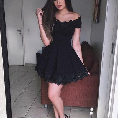 Black lace appliques a-line short homecoming dress hd30