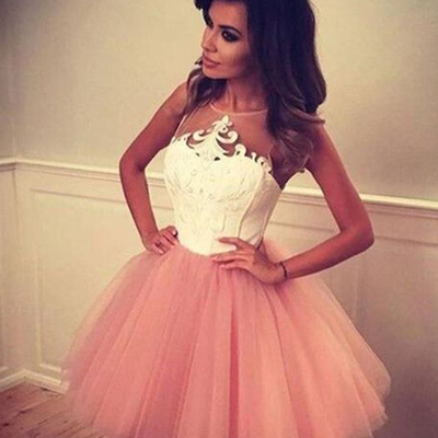 White and pink homecoming dress simple o-neck a-line appliques knee length short party dress hd32