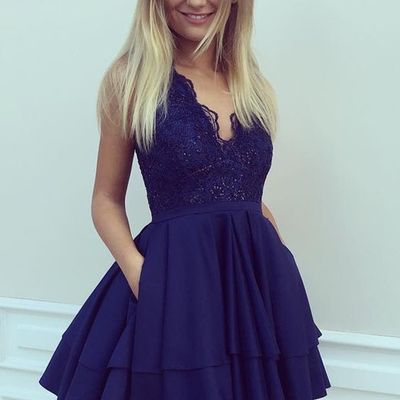 Navy blue a-line v-neck short lace appliques beaded tiered prom party dresses homecoming dress hd34