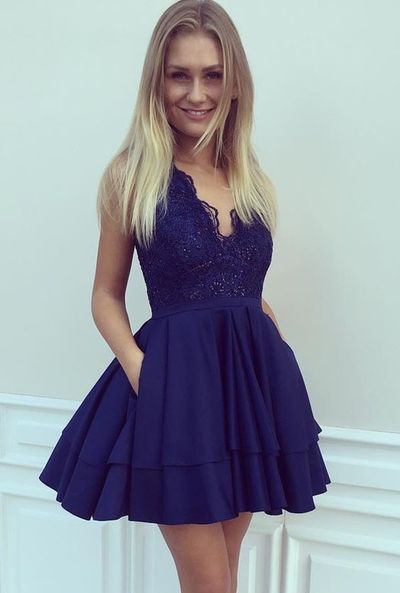 Navy Blue A-line V-neck Short Lace Appliques Beaded Tiered Prom Party Dresses Homecoming Dress HD34