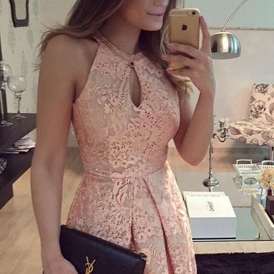 Charming a-line halter short lace party prom dress homecoming dresses hd36