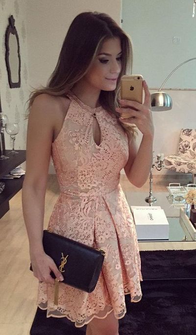 Charming A-line Halter Short Lace Party Prom Dress Homecoming Dresses HD36