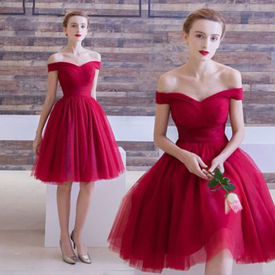 Red off-shoulder a-line sweetheart knee length short prom party dress homecoming dresses hd37