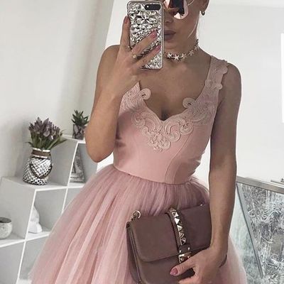 Pink homecoming dress elegant a-line v-neck short appliques party prom dress hd38