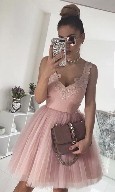 Pink Homecoming Dress Elegant A-line V-neck Short Appliques Party Prom Dress HD38