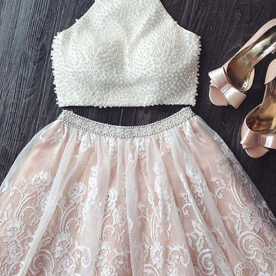 Two piece prom party dress sexy halter pink and white lace pearls homecoming dress plus size hd42