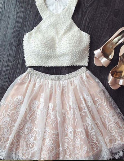 Two Piece Prom Party Dress Sexy Halter Pink And White Lace Pearls Homecoming Dress Plus Size HD42