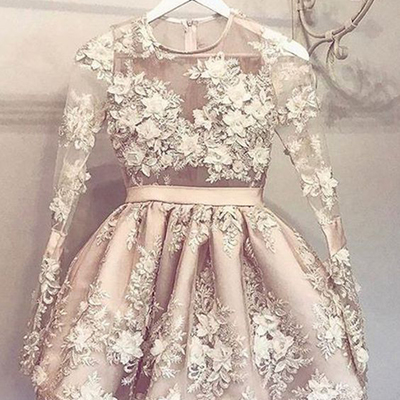 Long sleeves lace short party dresses real o-neck a-line appliques flowers beaded homecoming dress hd45