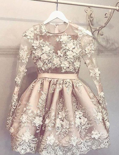 Long Sleeves Lace Short Party Dresses Real O-neck A-line Appliques Flowers Beaded Homecoming Dress HD45