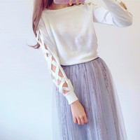 Cross Hollow Out Long Sleeve T-shirt - Thumbnail 1