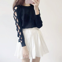 Cross Hollow Out Long Sleeve T-shirt - Thumbnail 3