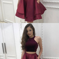 Cute burgundy two pieces short prom dress, burgundy homecoming dress - Thumbnail 2