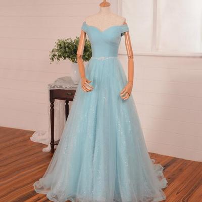 Blue off shoulder party gowns, tulle prom dresses, sweetheart party dresses