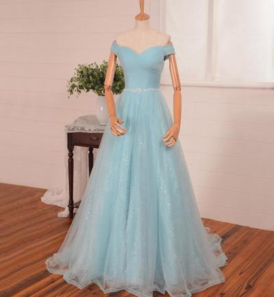 Blue Off Shoulder Party Gowns, Tulle Prom Dresses, Sweetheart Party Dresses