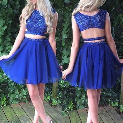 Royal blue two piece short homecoming dresses beaded prom gowns - Thumbnail 3
