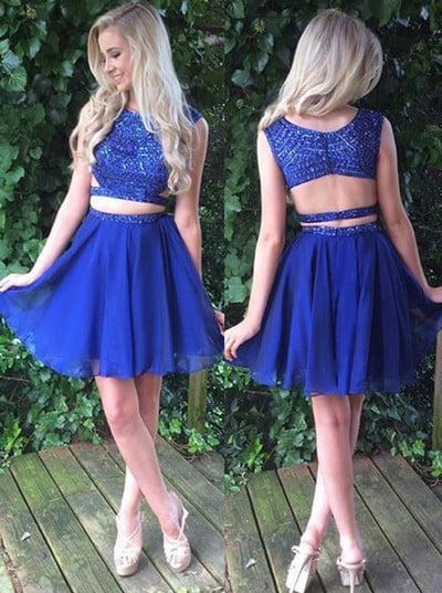 Royal Blue Two Piece Short Homecoming Dresses Beaded Prom Gowns
